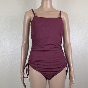 Attraco Burgundy Ribbed 1 Piece Cutout Swimsuit